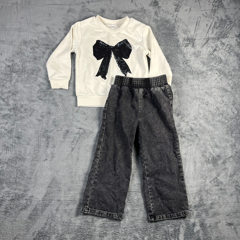 Shein Girls 2 Piece Outfit Set Size 5Y Beige Gray Bow Sweatshirt Pants Set